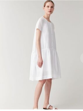 COS White Drawstring Short Sleeve Cotton Dress